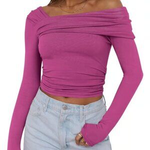 Women off shoulder long sleeve ruched shirt